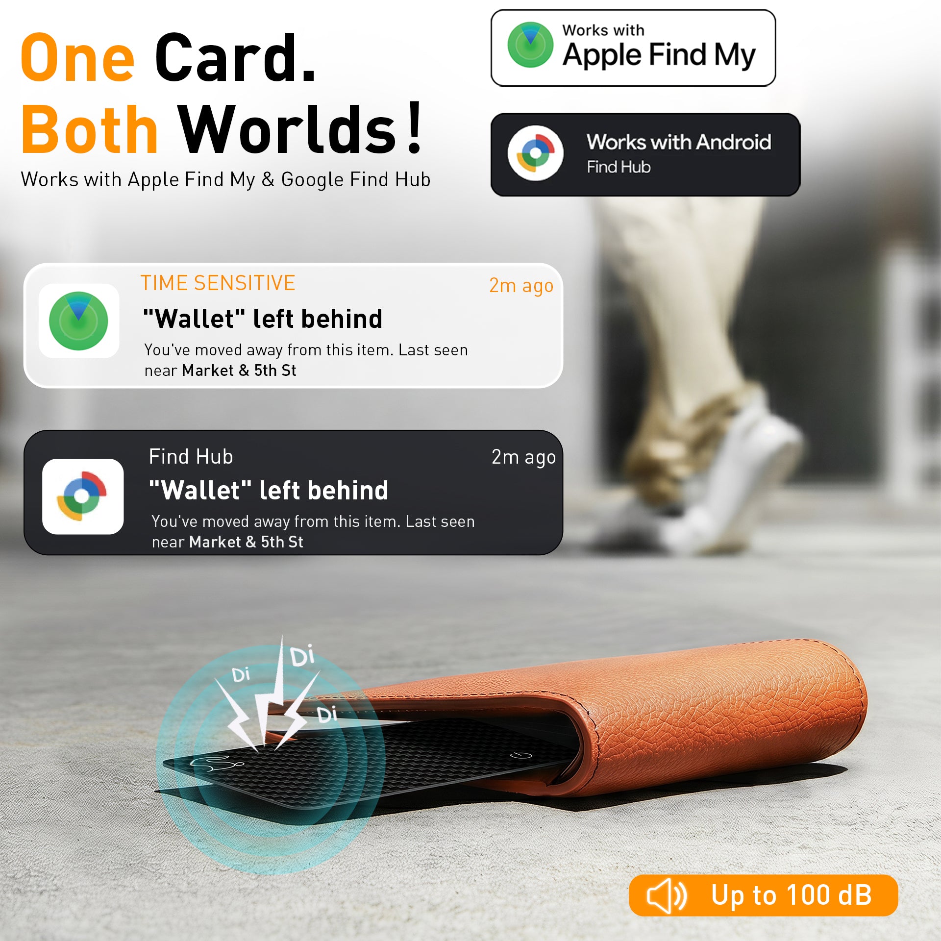 Top Rabbit Tracking Slim Card inside a leather wallet — works with both Apple Find My and Google Find Hub