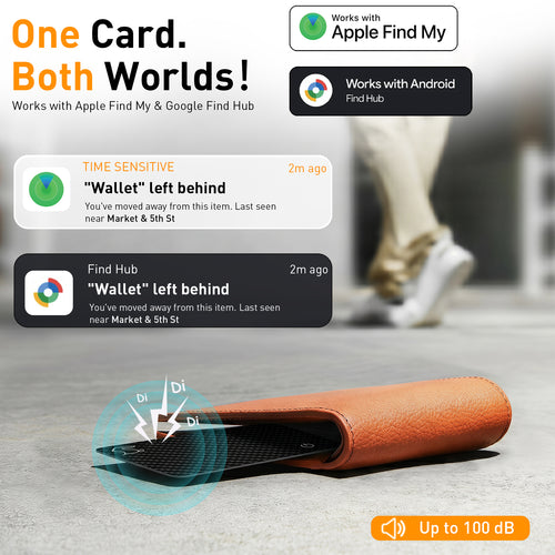 Top Rabbit Tracking Slim Card inside a leather wallet — works with both Apple Find My and Google Find Hub