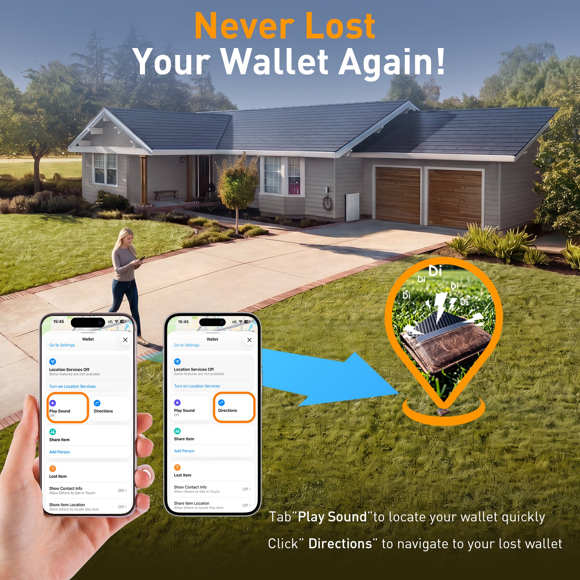 Locating the Top Rabbit Tracking Slim Card on the map — play sound or get directions from your phone