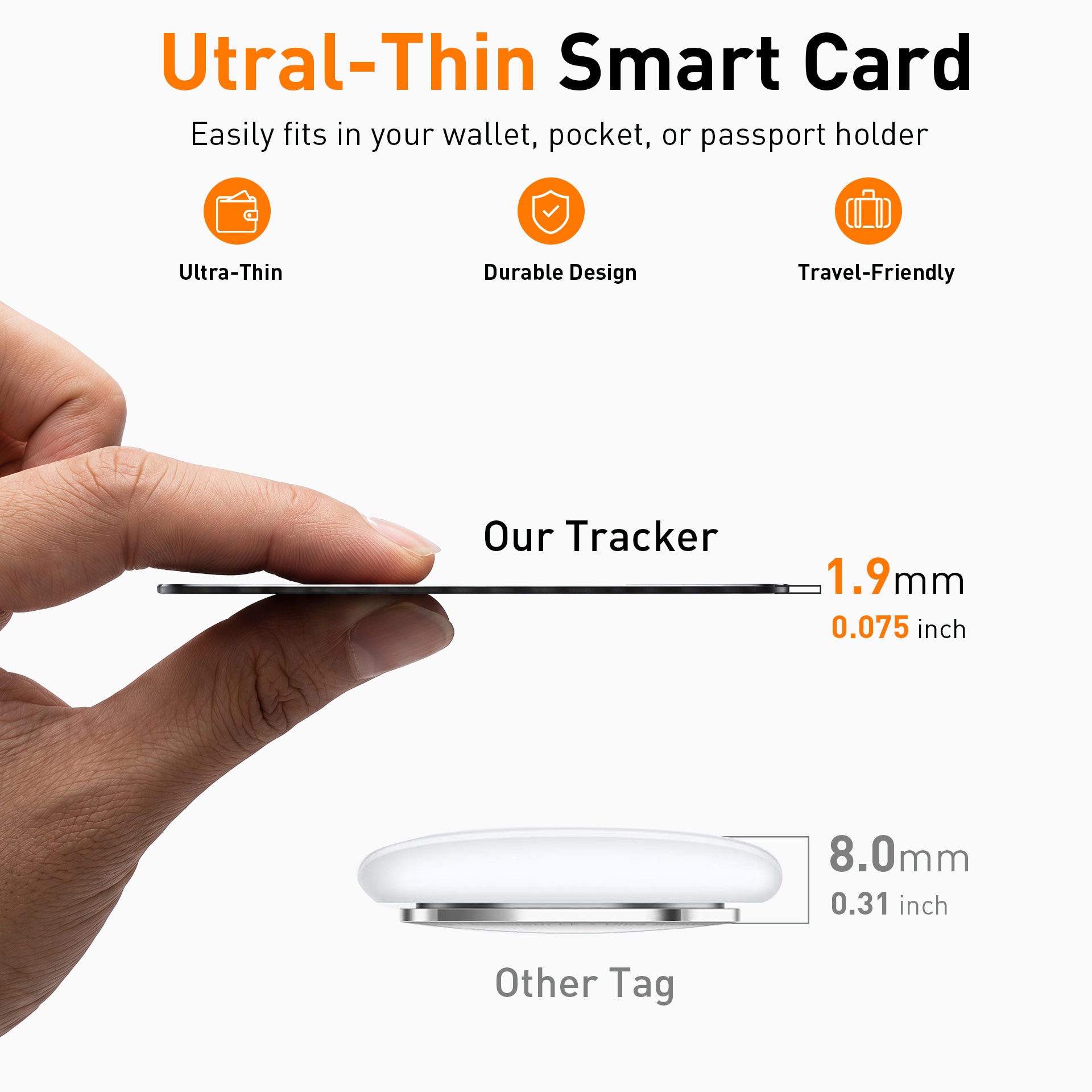 The ultra-thin Top Rabbit Tracking Slim Card held between two fingers to show its slim profile