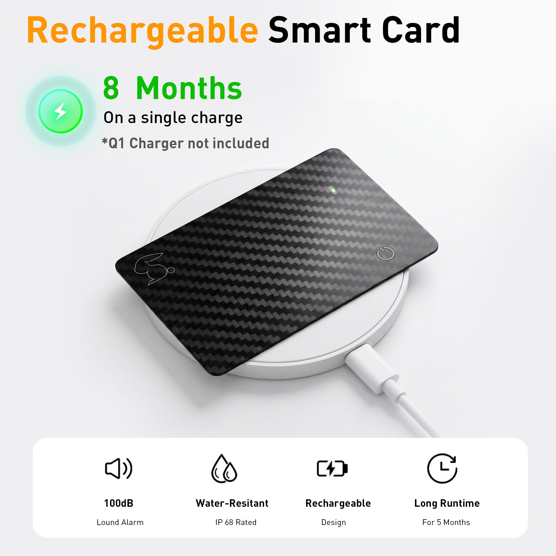 Top Rabbit Tracking Slim Card recharging on a Qi wireless charger — up to 8 months of battery per charge