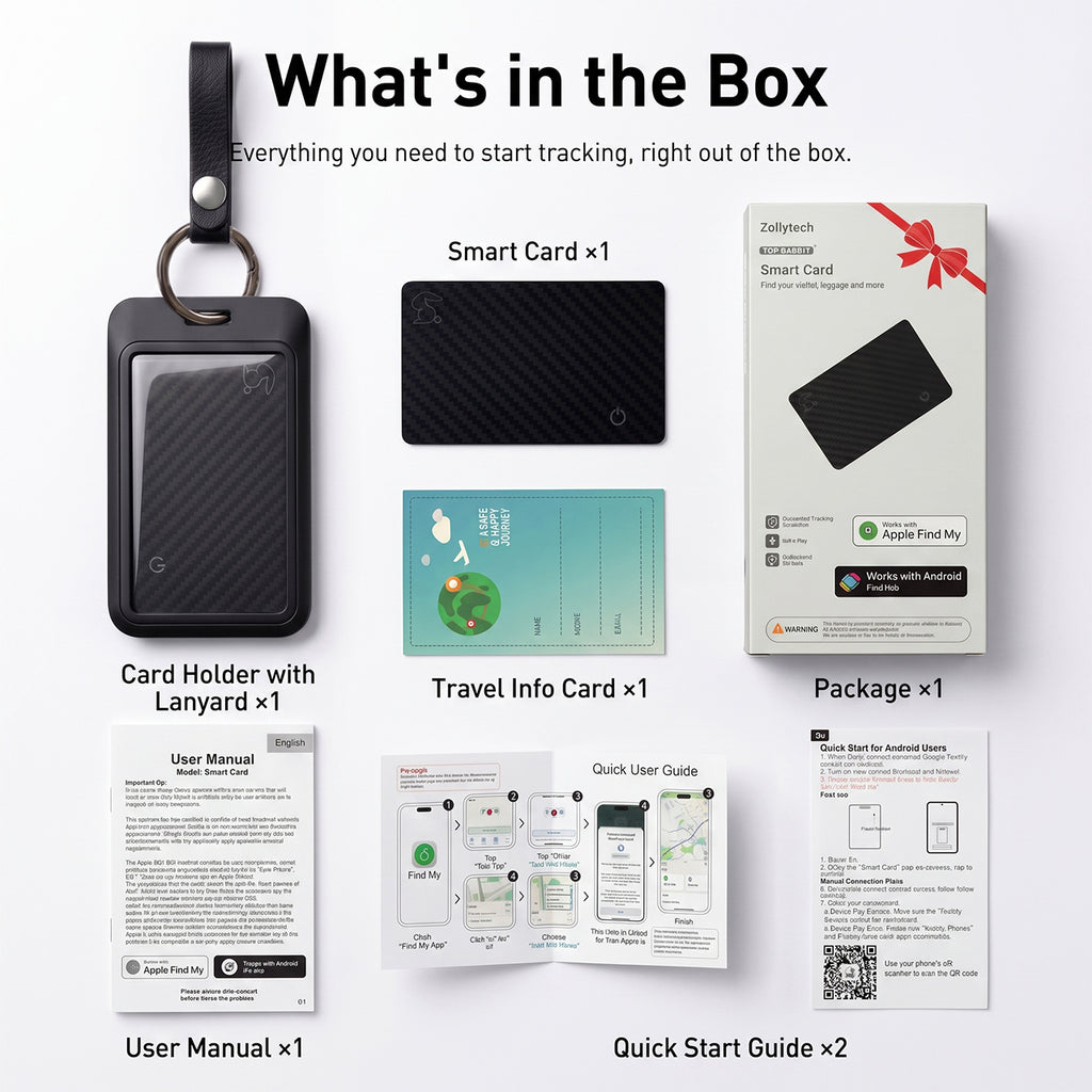 Complete Top Rabbit Tracking Slim Card kit — tracker card, card sleeve, keychain, info card, and quick start guide