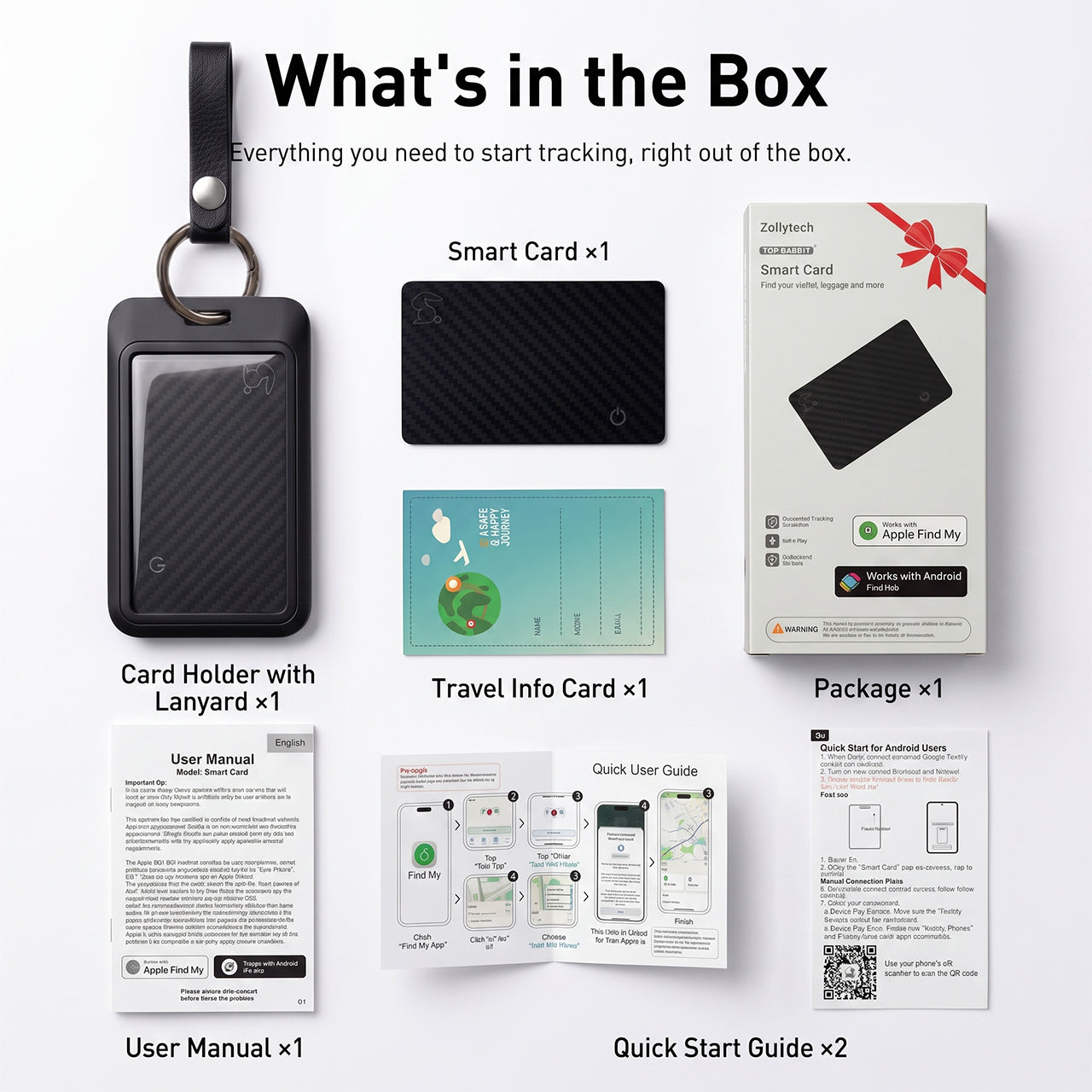 Complete Top Rabbit Tracking Slim Card kit — tracker card, card sleeve, keychain, info card, and quick start guide