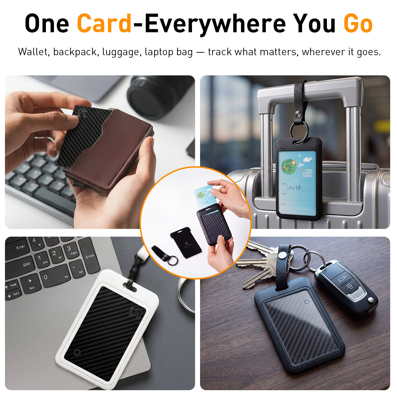 Top Rabbit Tracking Slim Card shown in a wallet, on a suitcase, laptop bag, and with keys — one tracker for everyday carry