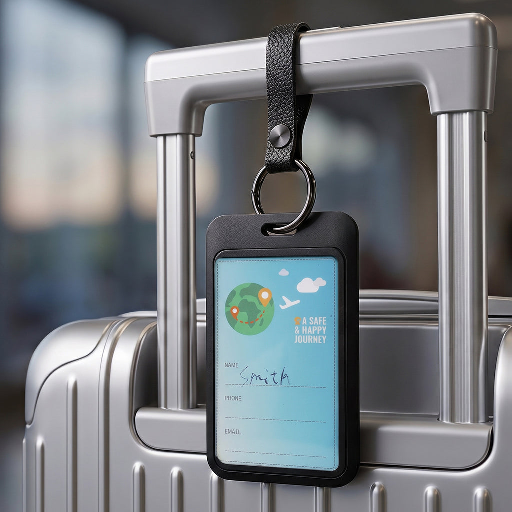 Top Rabbit Tracking Slim Card attached to a suitcase handle with the included keychain — keep luggage findable while traveling