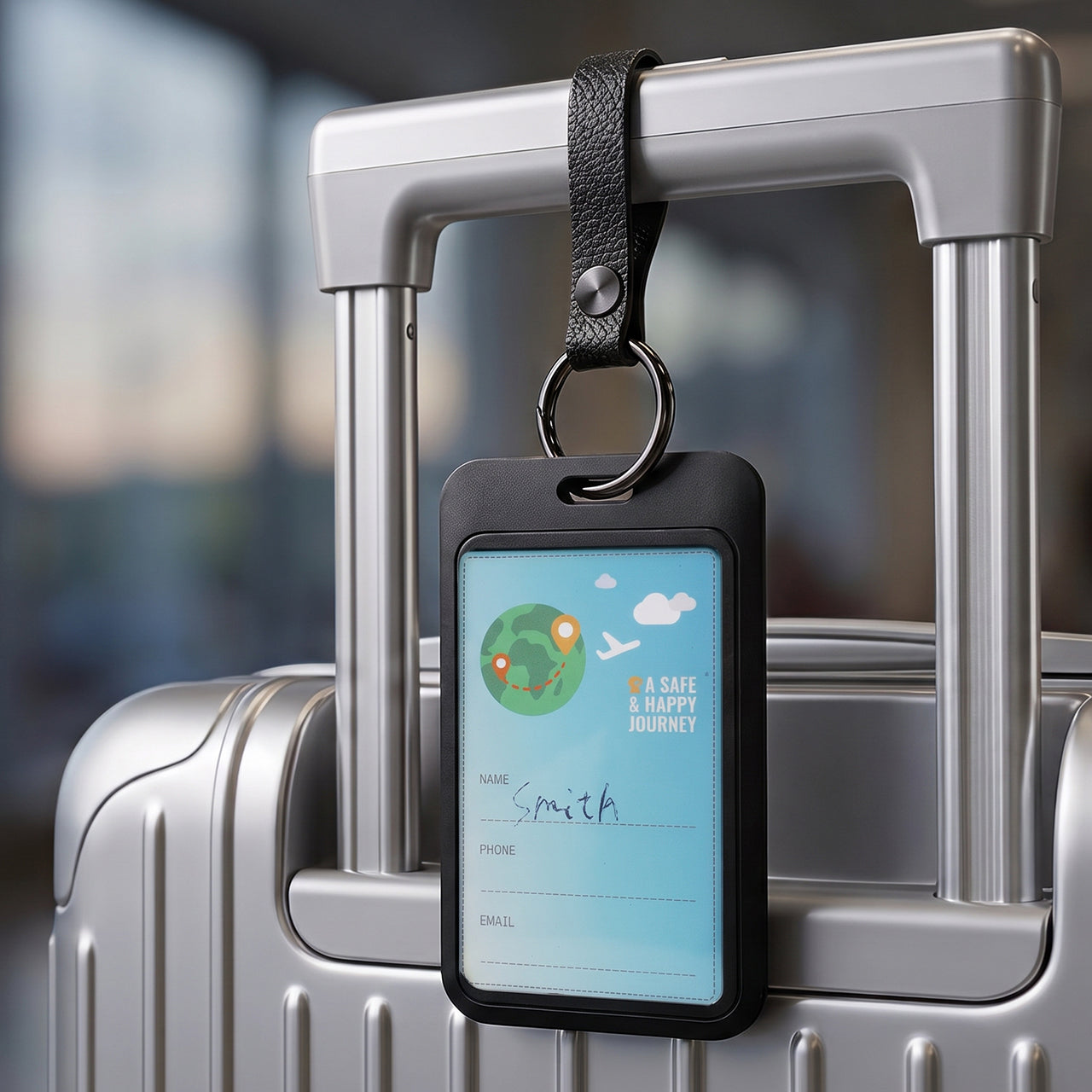 Top Rabbit Tracking Slim Card attached to a suitcase handle with the included keychain — keep luggage findable while traveling